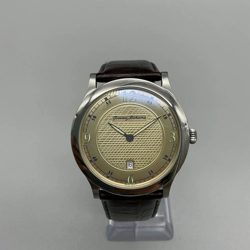 Tommy Bahama Mens Watch 40mm Gold Tone Brown Leather TB1051 Date New Battery
